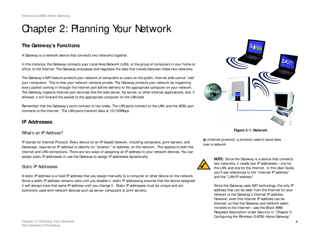 Linksys WAG354G(EU) manual Planning Your Network, Gateway’s Functions, What’s an IP Address?, Static IP Addresses 