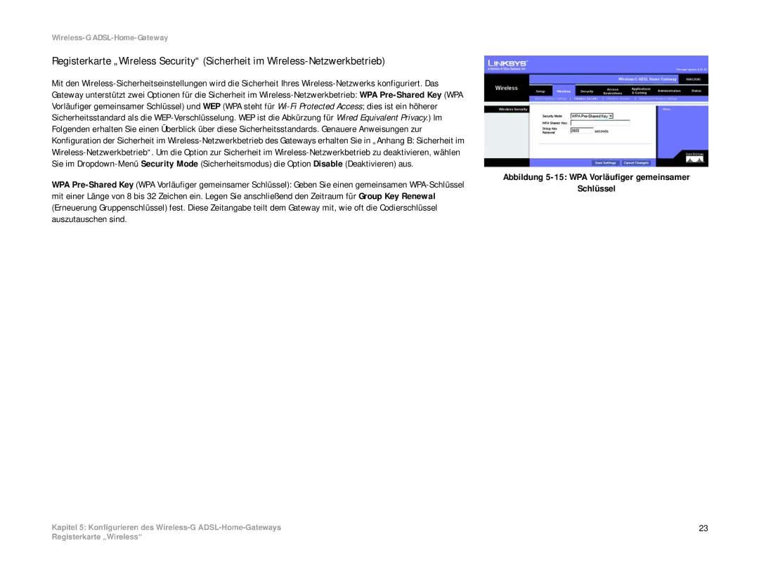 Linksys WAG354G(EU) manual Abbildung 5-15 WPA Vorläufiger gemeinsamer Schlüssel 