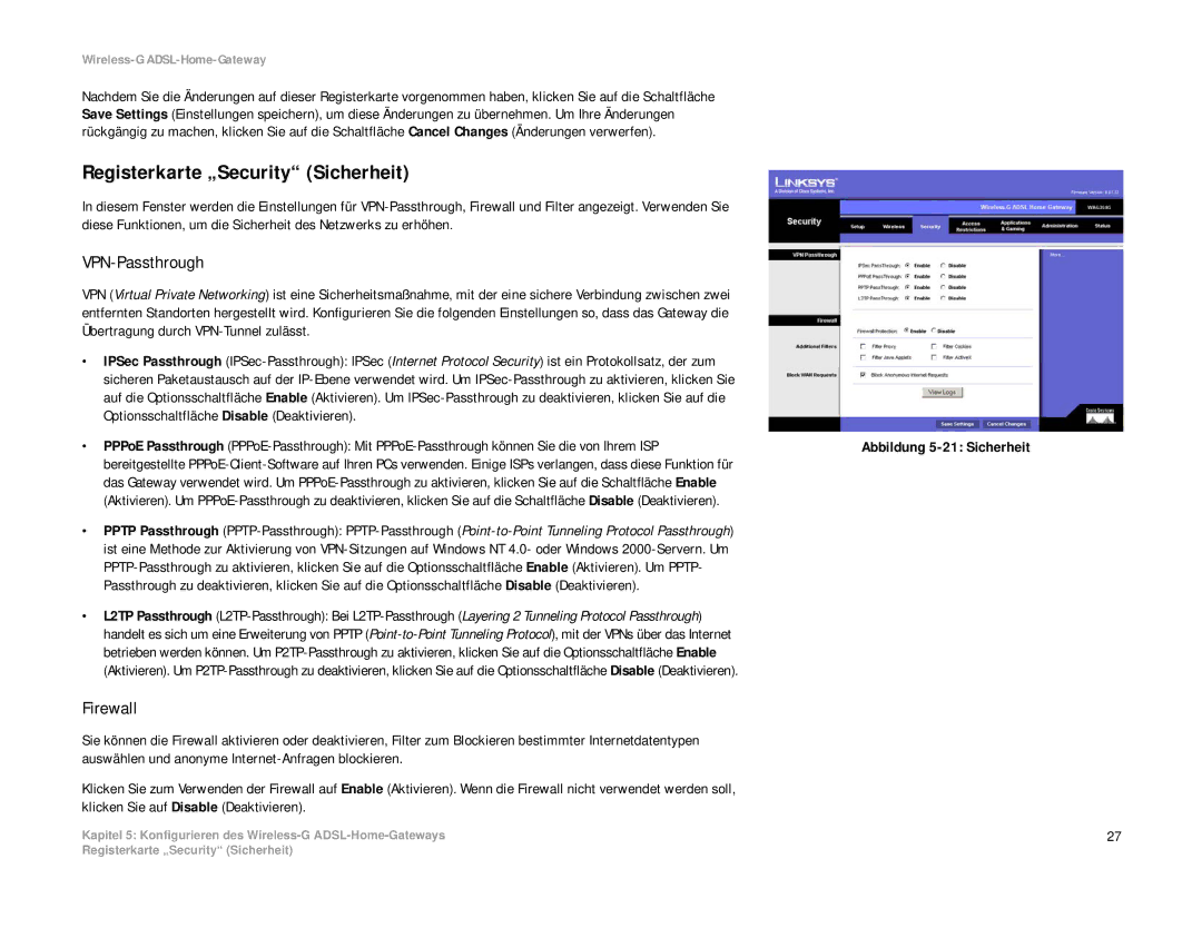 Linksys WAG354G(EU) manual Registerkarte „Security Sicherheit, VPN-Passthrough, Abbildung 5-21 Sicherheit 