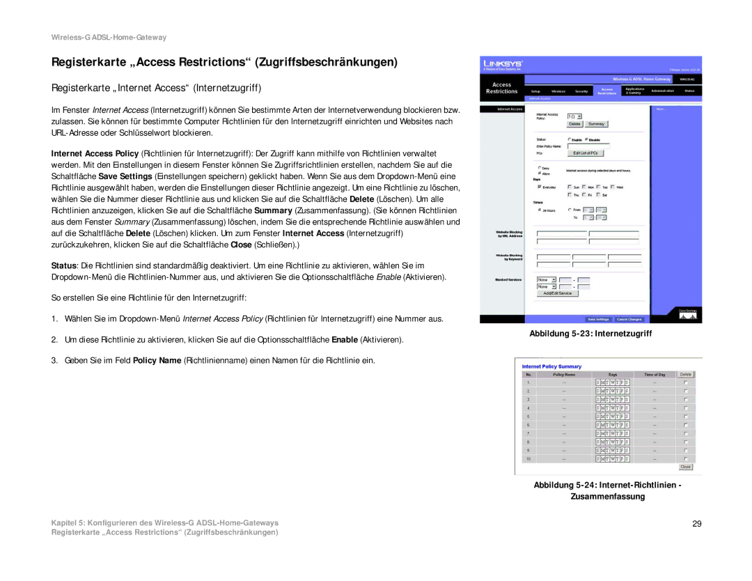 Linksys WAG354G(EU) manual Registerkarte „Access Restrictions Zugriffsbeschränkungen 