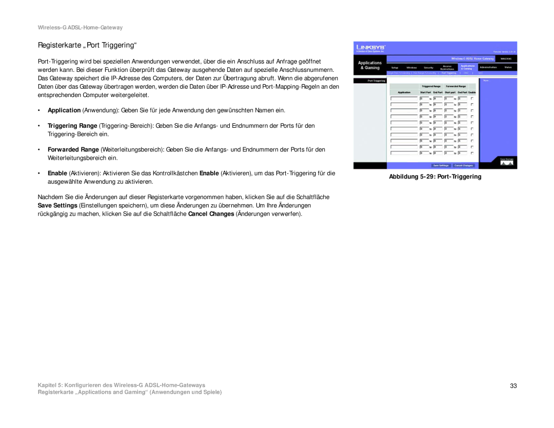 Linksys WAG354G(EU) manual Registerkarte „Port Triggering, Abbildung 5-29 Port-Triggering 