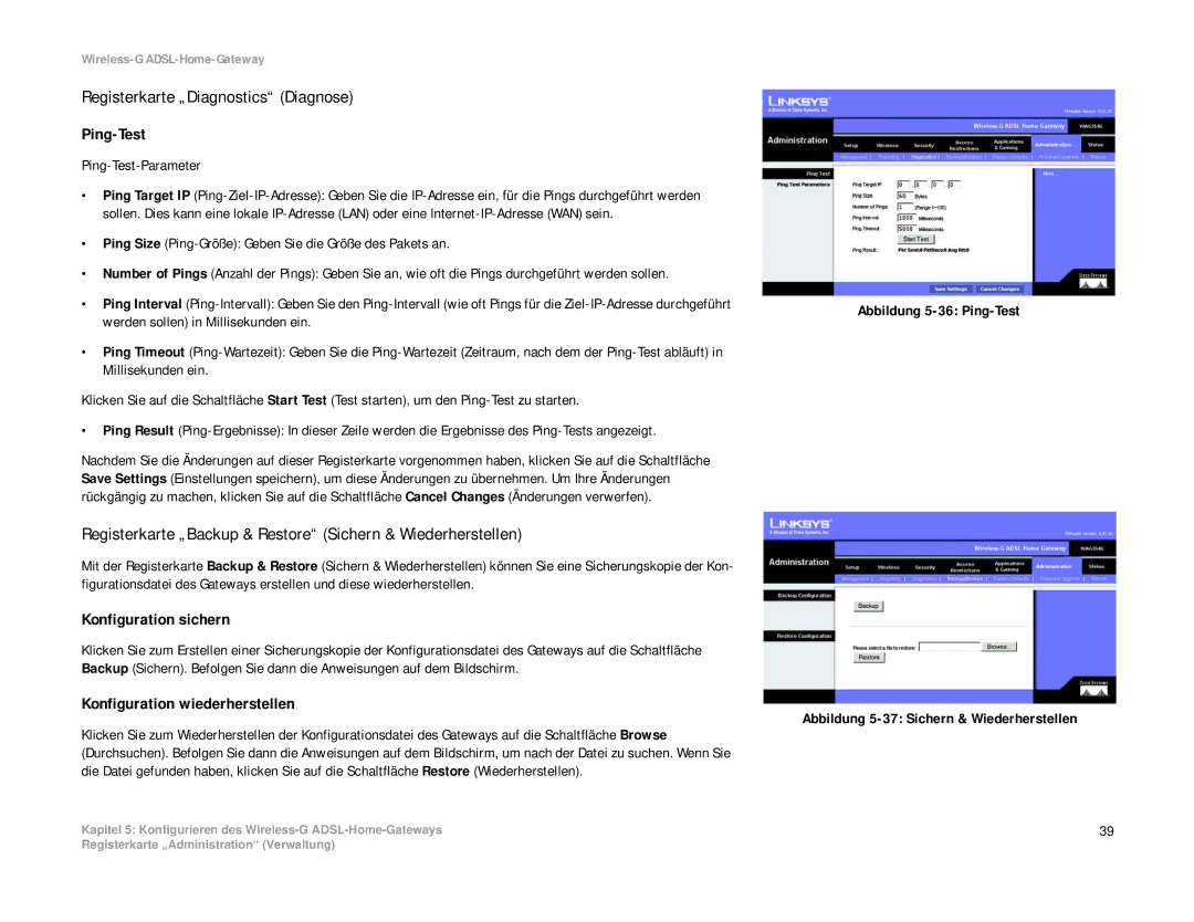 Linksys WAG354G(EU) manual Registerkarte „Diagnostics Diagnose, Registerkarte „Backup & Restore Sichern & Wiederherstellen 