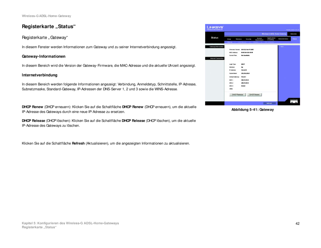 Linksys WAG354G(EU) manual Registerkarte „Status, Registerkarte „Gateway, Gateway-Informationen, Internetverbindung 