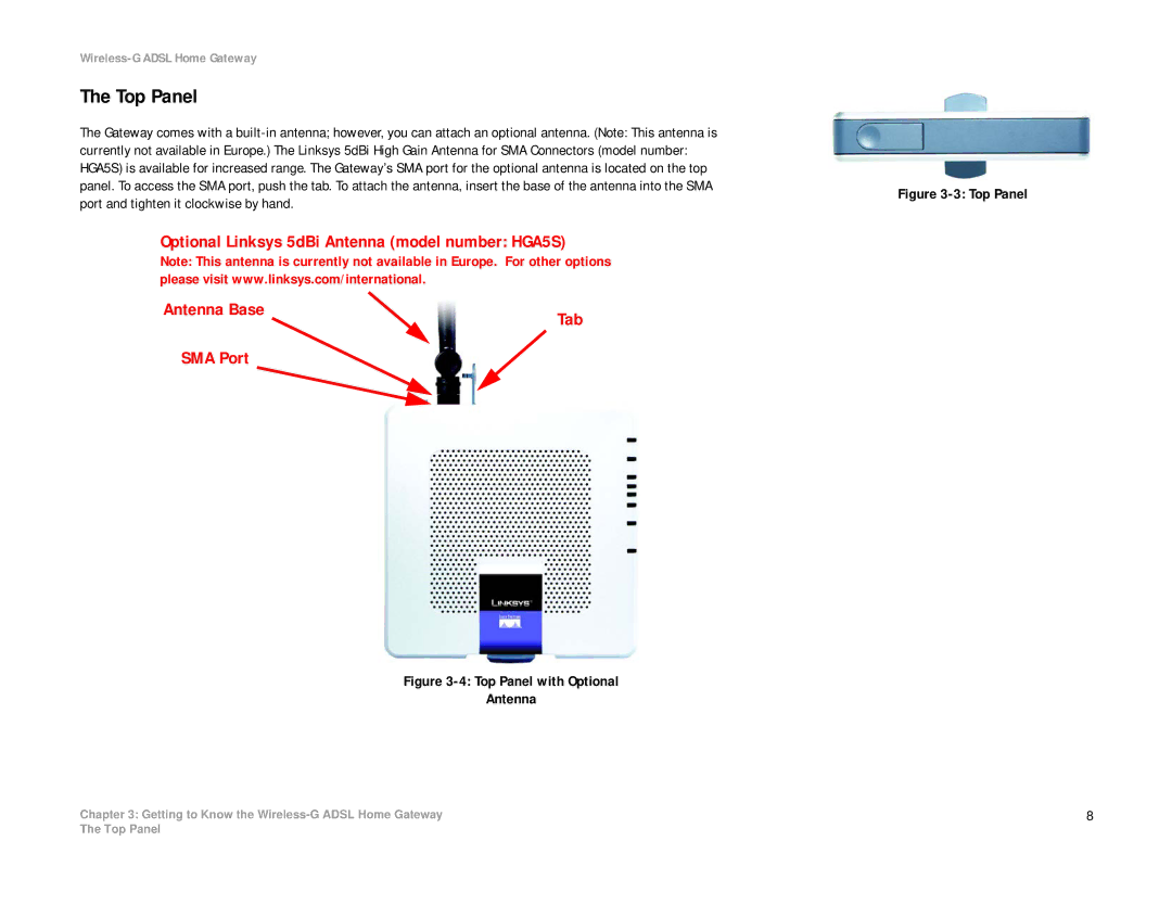 Linksys WAG354G(EU) manual Top Panel, Antenna 