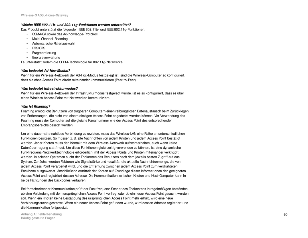 Linksys WAG354G(EU) manual Was bedeutet Ad-Hoc-Modus?, Was bedeutet Infrastrukturmodus?, Was ist Roaming? 