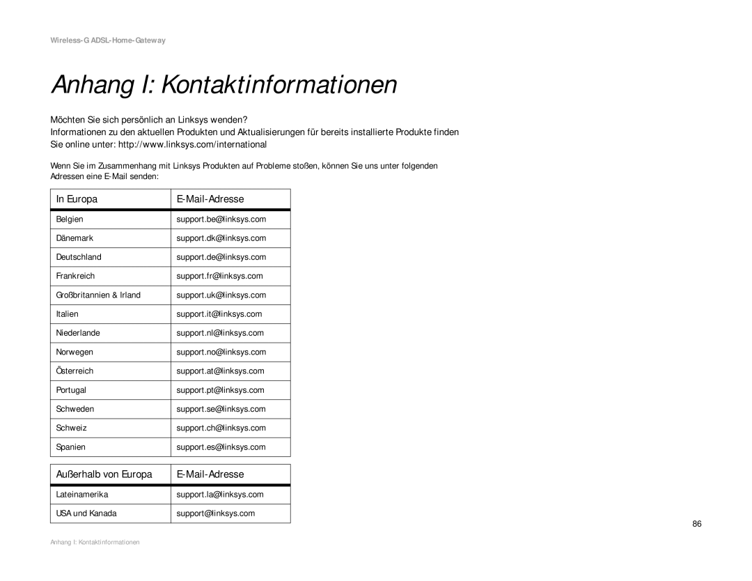 Linksys WAG354G(EU) manual Anhang I Kontaktinformationen, Außerhalb von Europa Mail-Adresse 