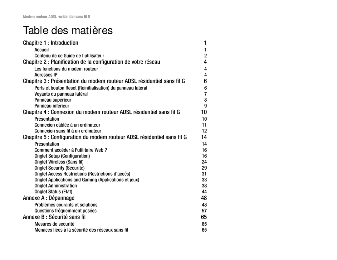 Linksys WAG354G(EU) manual Table des matières, Chapitre 1 Introduction, Annexe a Dépannage, Annexe B Sécurité sans fil 