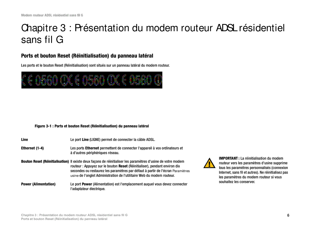 Linksys WAG354G(EU) manual Ports et bouton Reset Réinitialisation du panneau latéral, Dautres périphériques réseau 