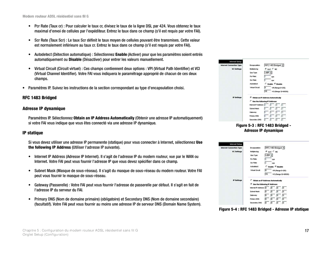 Linksys WAG354G(EU) manual RFC 1483 Bridged Adresse IP dynamique, IP statique 