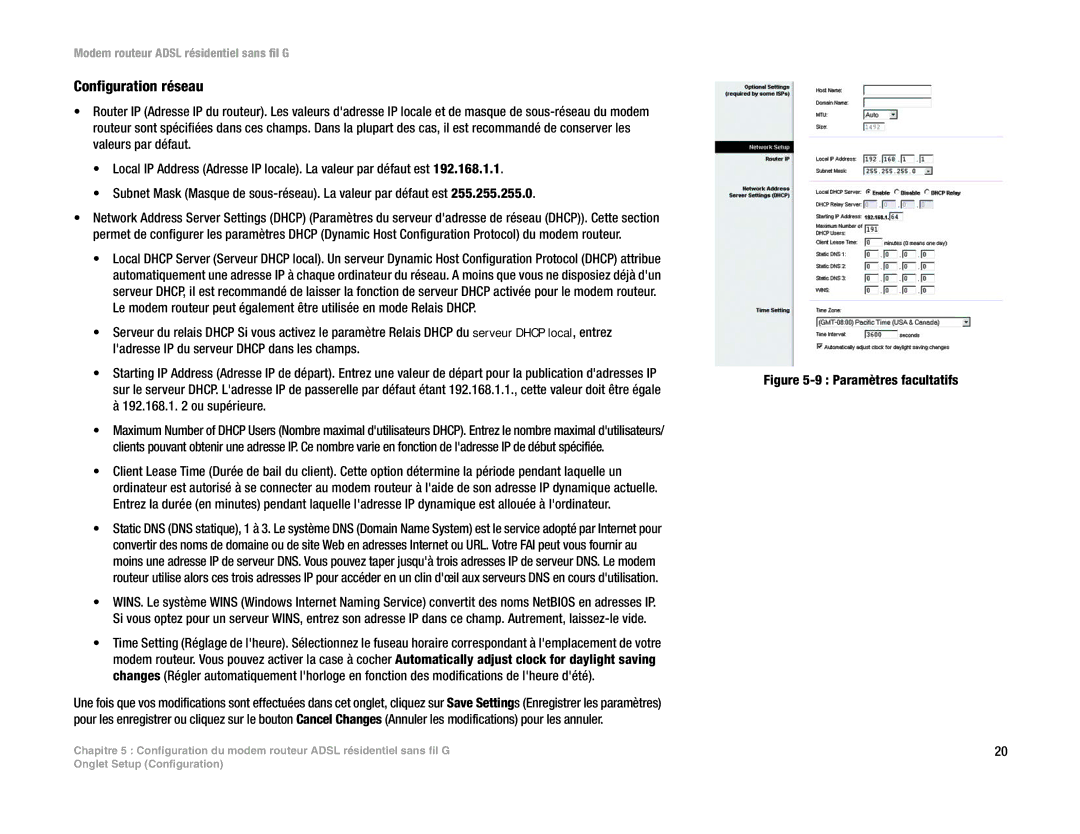 Linksys WAG354G(EU) manual Configuration réseau, Paramètres facultatifs 