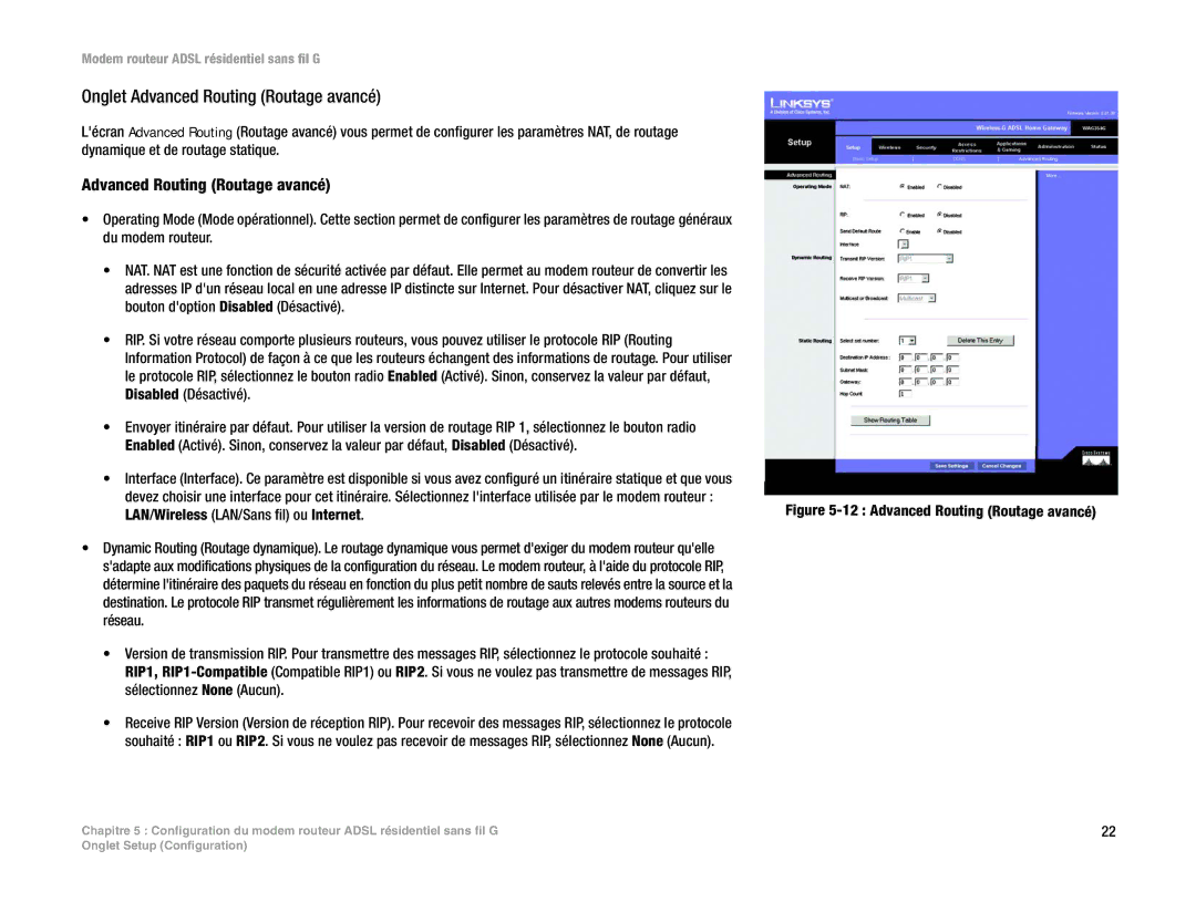 Linksys WAG354G(EU) manual Onglet Advanced Routing Routage avancé 