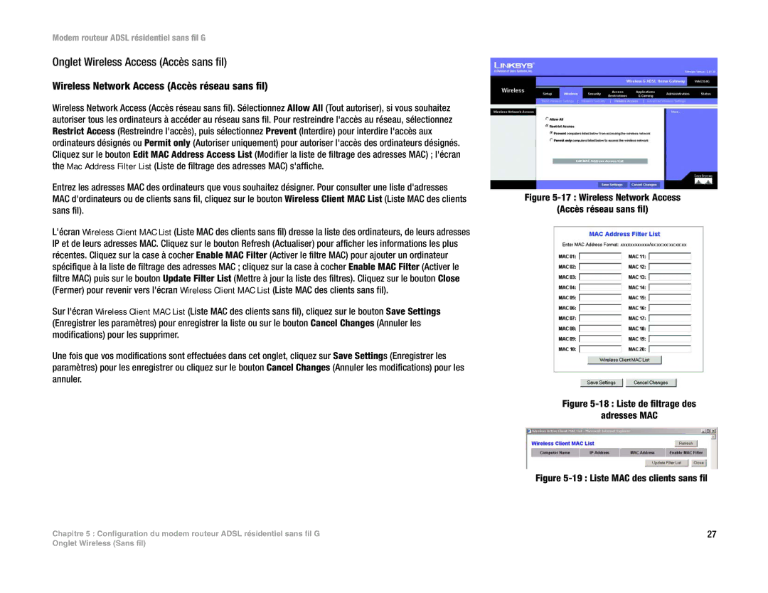 Linksys WAG354G(EU) manual Onglet Wireless Access Accès sans fil, Wireless Network Access Accès réseau sans fil 