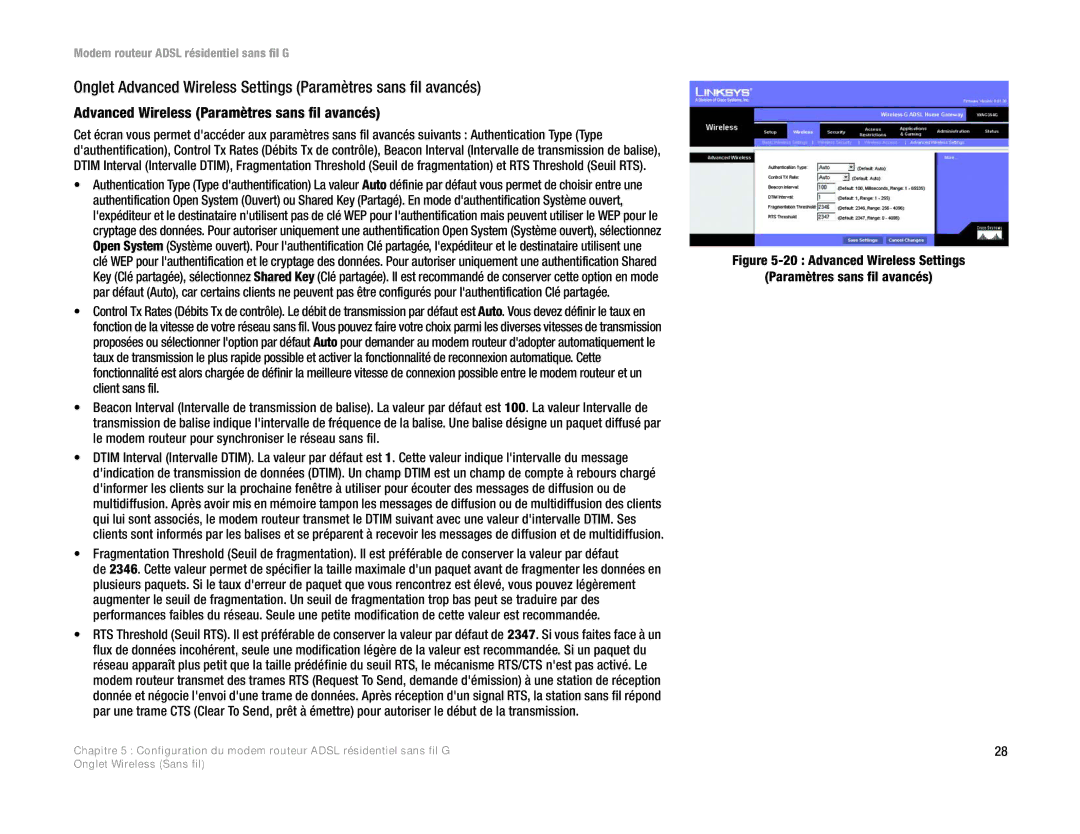 Linksys WAG354G(EU) Advanced Wireless Paramètres sans fil avancés, Advanced Wireless Settings Paramètres sans fil avancés 