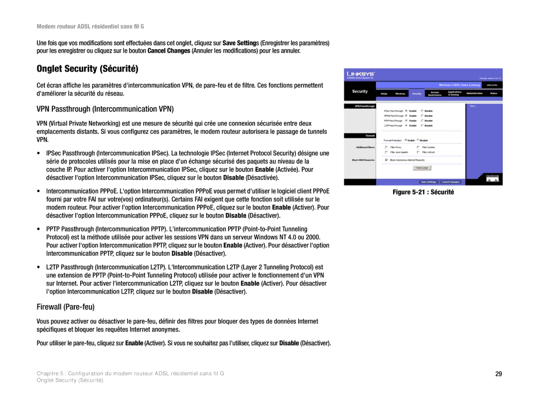 Linksys WAG354G(EU) manual Onglet Security Sécurité, VPN Passthrough Intercommunication VPN, Firewall Pare-feu 