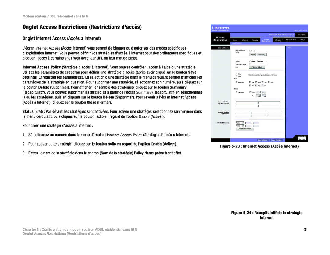 Linksys WAG354G(EU) manual Onglet Access Restrictions Restrictions daccès, Onglet Internet Access Accès à Internet 