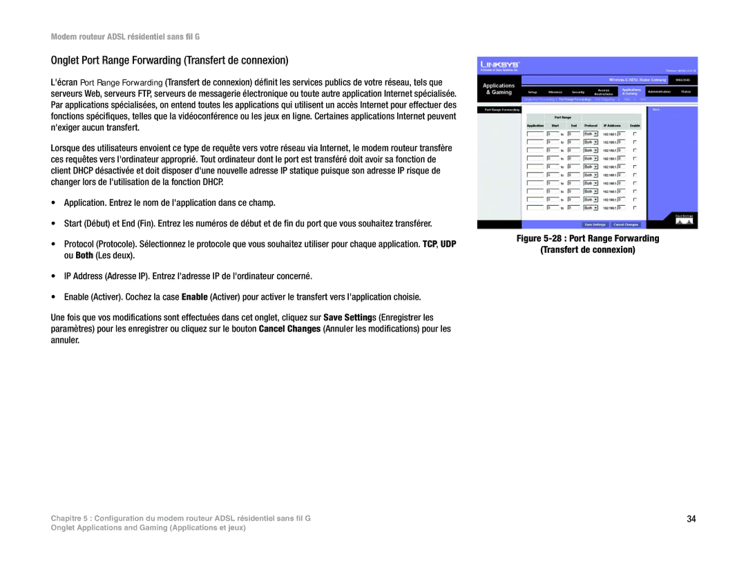 Linksys WAG354G(EU) manual Onglet Port Range Forwarding Transfert de connexion 