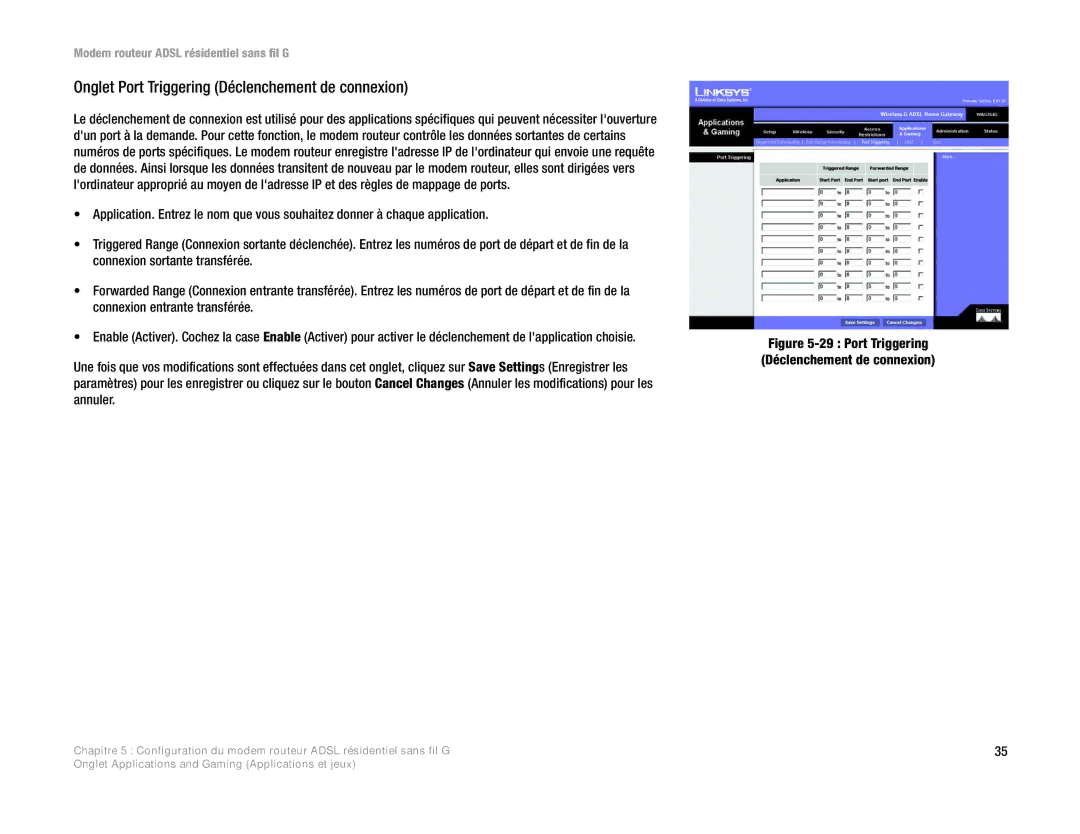 Linksys WAG354G(EU) manual Onglet Port Triggering Déclenchement de connexion 