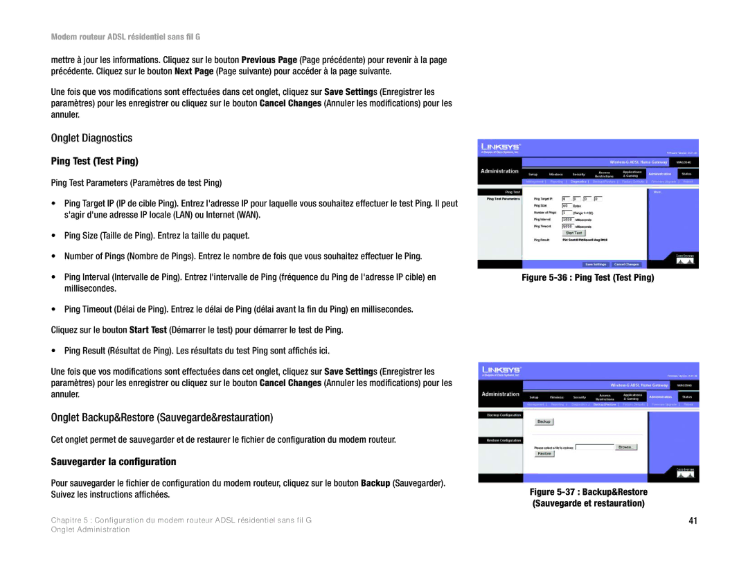 Linksys WAG354G(EU) manual Onglet Diagnostics, Onglet Backup&Restore Sauvegarde&restauration, Ping Test Test Ping 