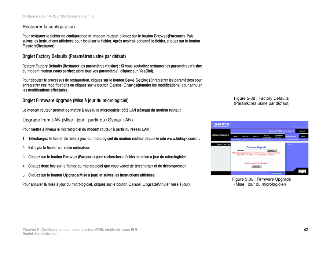 Linksys WAG354G(EU) manual Onglet Factory Defaults Paramètres usine par défaut, Restaurer la configuration 