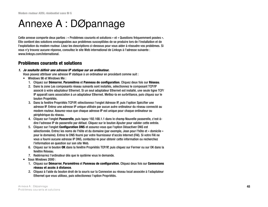 Linksys WAG354G(EU) manual Annexe a Dépannage, Problèmes courants et solutions 