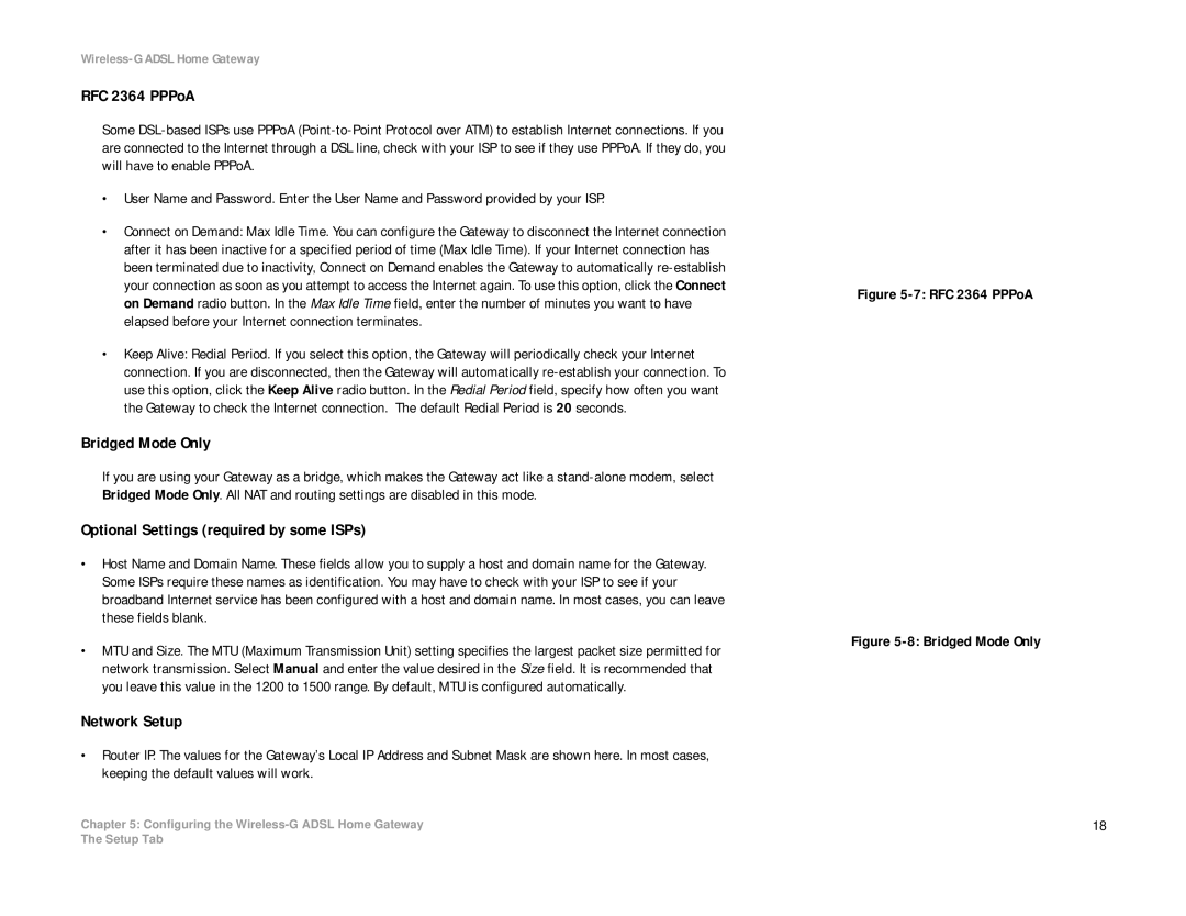 Linksys WAG354G(EU) manual RFC 2364 PPPoA, Bridged Mode Only, Optional Settings required by some ISPs, Network Setup 