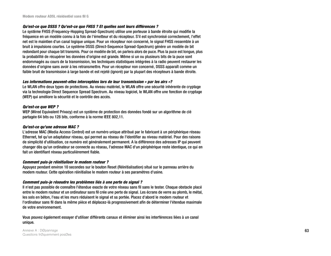 Linksys WAG354G(EU) Quest-ce que WEP ?, Quest-ce quune adresse MAC ?, Comment puis-je réinitialiser le modem routeur ? 