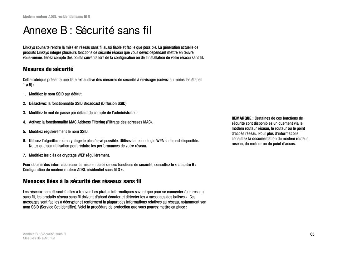 Linksys WAG354G(EU) Annexe B Sécurité sans fil, Mesures de sécurité, Menaces liées à la sécurité des réseaux sans fil 