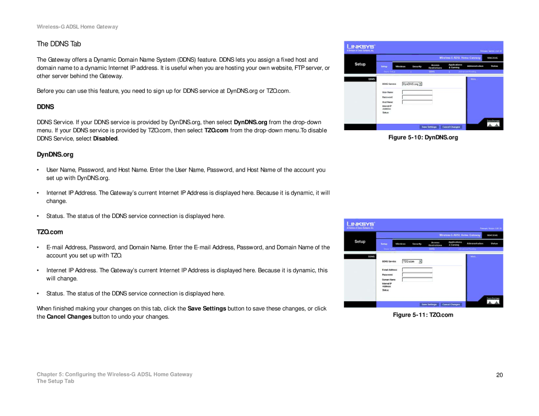 Linksys WAG354G(EU) manual Ddns Tab, DynDNS.org, TZO.com 