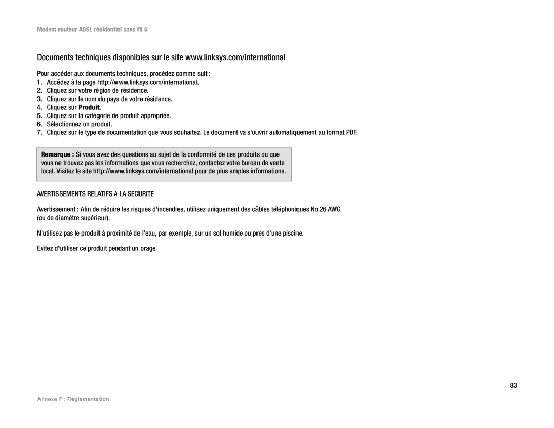 Linksys WAG354G(EU) manual Avertissements Relatifs a LA Securite 