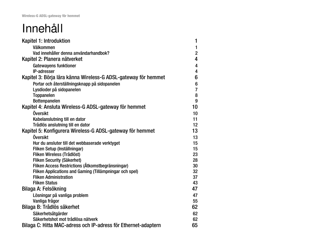 Linksys WAG354G(EU) manual Innehåll 