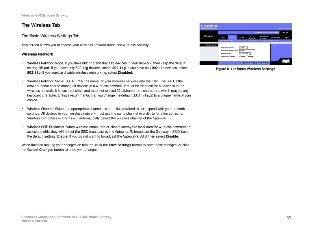 Linksys WAG354G(EU) manual Wireless Tab, Basic Wireless Settings Tab, Wireless Network 