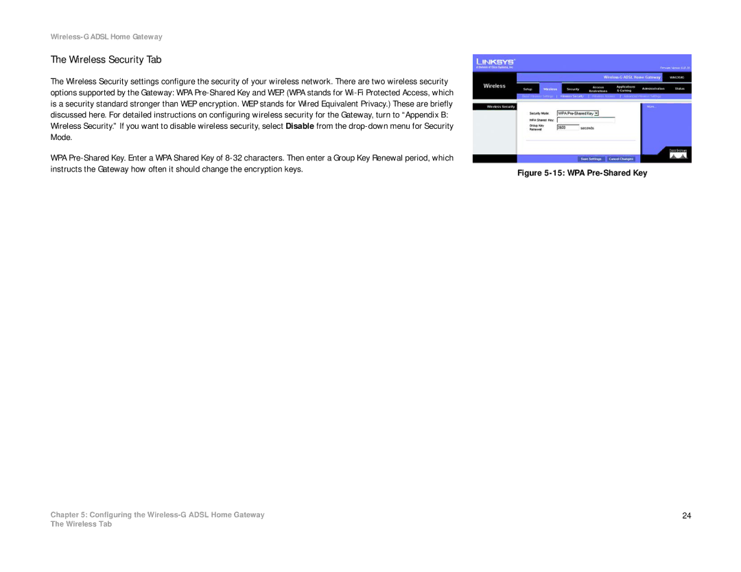 Linksys WAG354G(EU) manual Wireless Security Tab, WPA Pre-Shared Key 