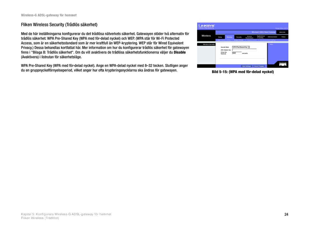 Linksys WAG354G(EU) manual Fliken Wireless Security Trådlös säkerhet, Bild 5-15 WPA med för-delad nyckel 