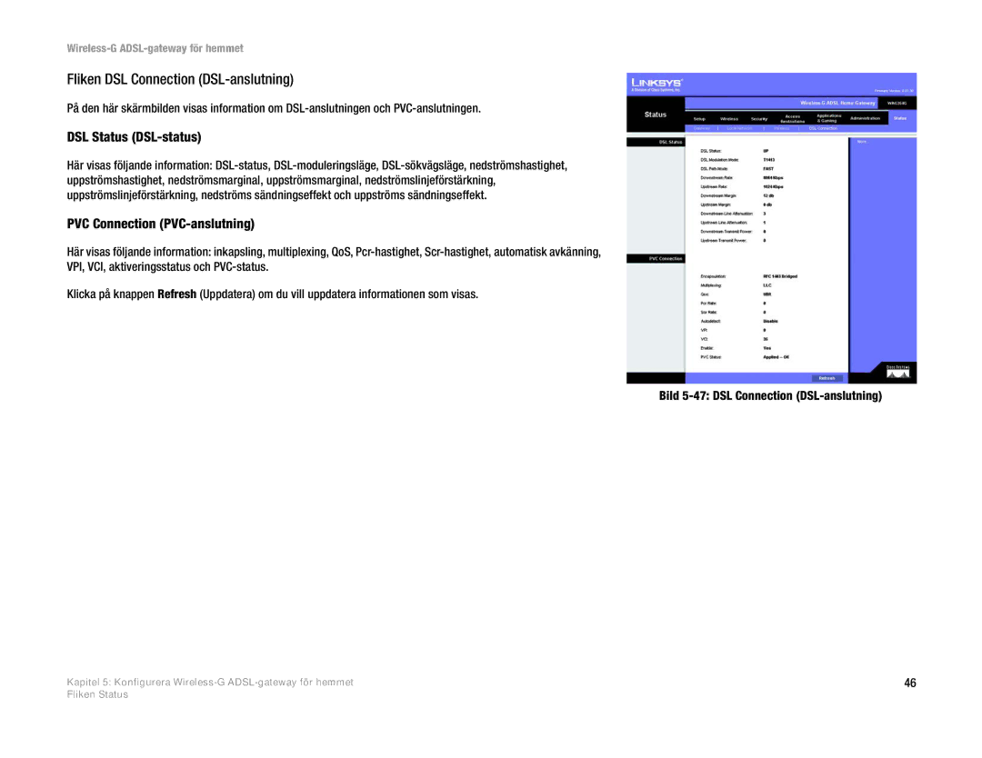 Linksys WAG354G(EU) manual Fliken DSL Connection DSL-anslutning, DSL Status DSL-status, PVC Connection PVC-anslutning 