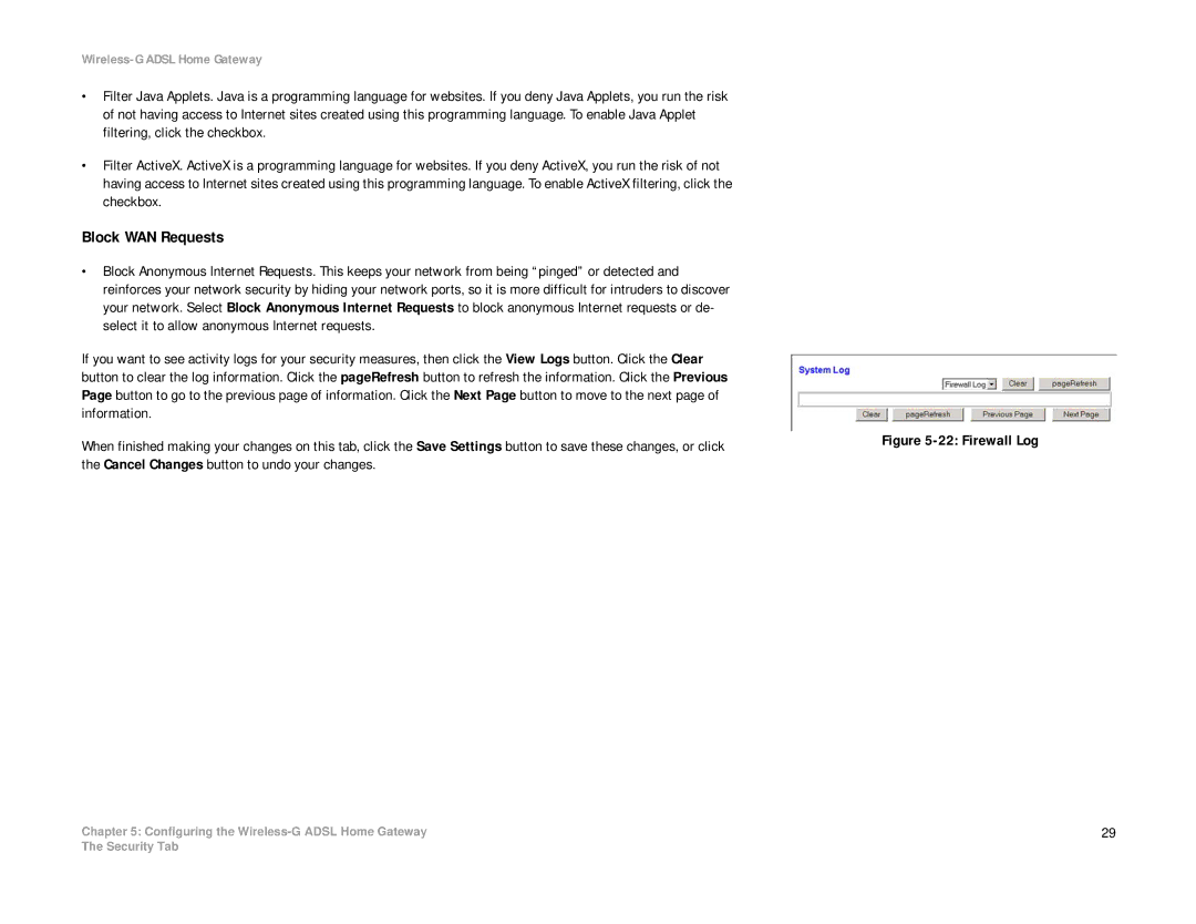 Linksys WAG354G(EU) manual Block WAN Requests, Firewall Log 
