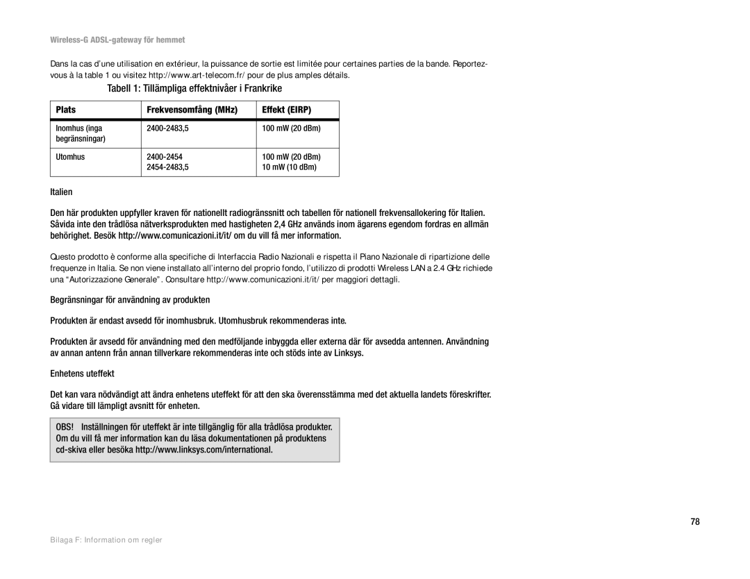 Linksys WAG354G(EU) manual Tabell 1 Tillämpliga effektnivåer i Frankrike, Plats Frekvensomfång MHz Effekt Eirp 