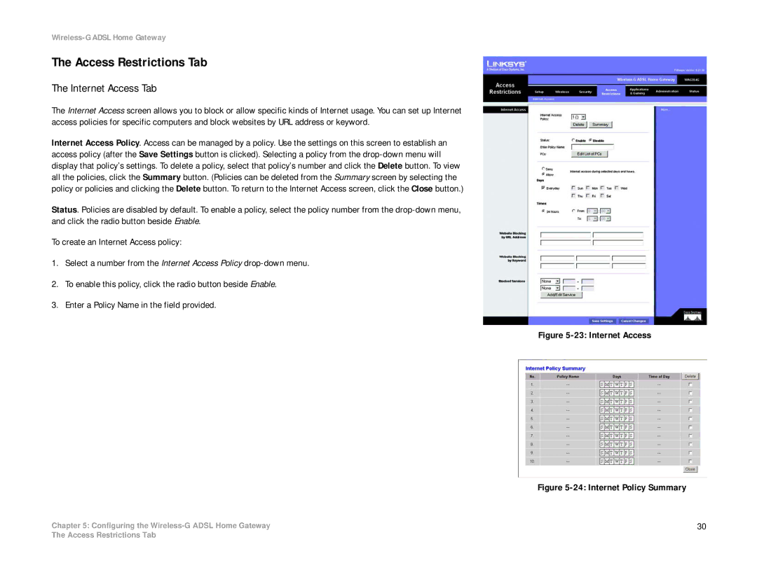 Linksys WAG354G(EU) manual Access Restrictions Tab, Internet Access Tab 