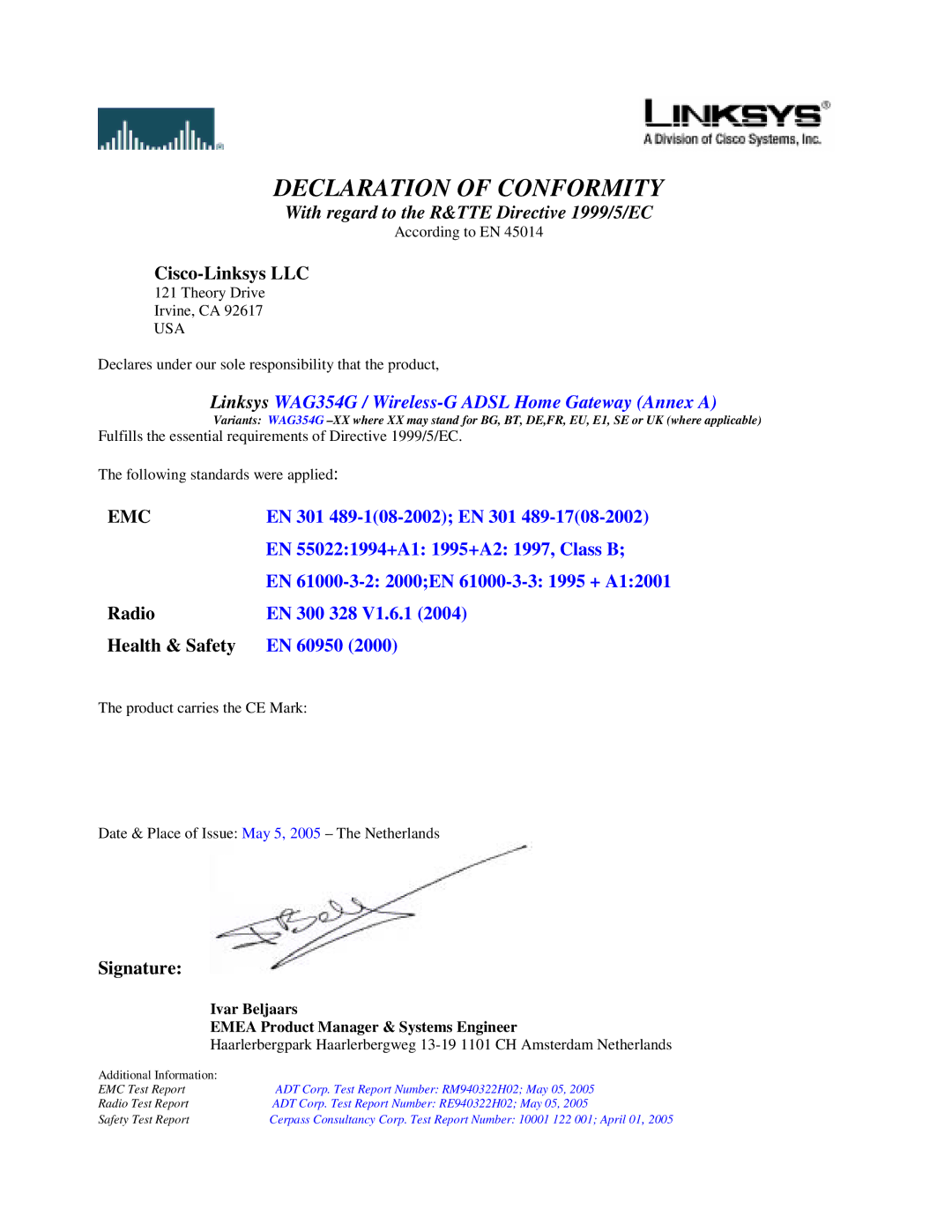 Linksys WAG354G(EU) manual Declaration of Conformity 