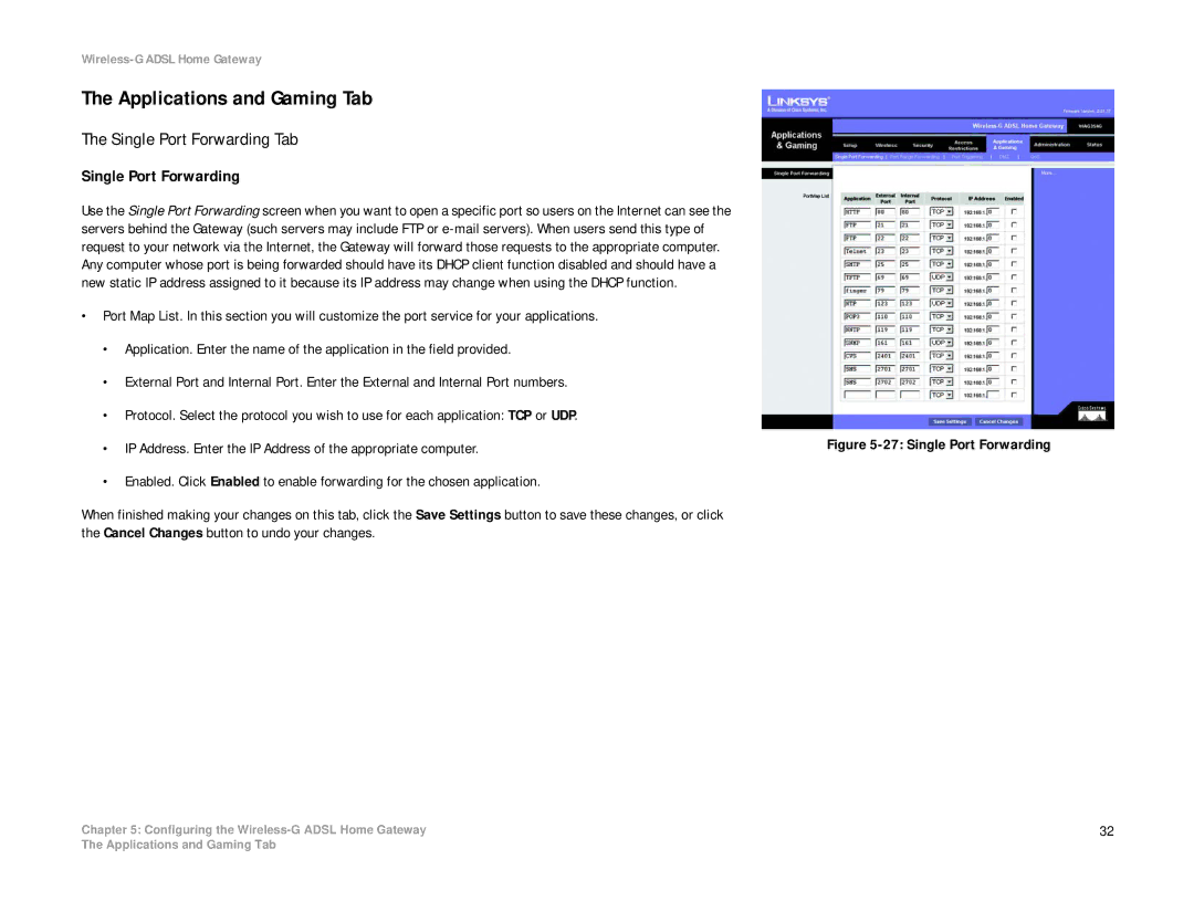 Linksys WAG354G(EU) manual Applications and Gaming Tab, Single Port Forwarding Tab 