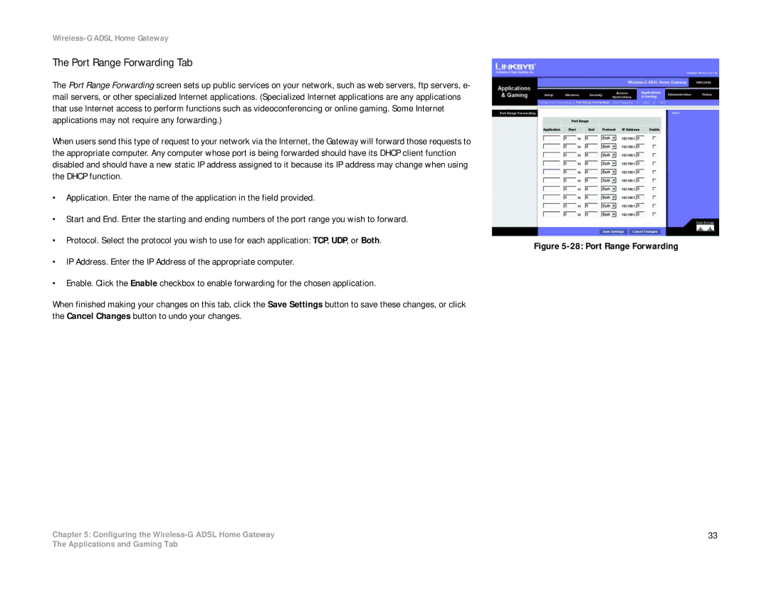 Linksys WAG354G(EU) manual Port Range Forwarding Tab 