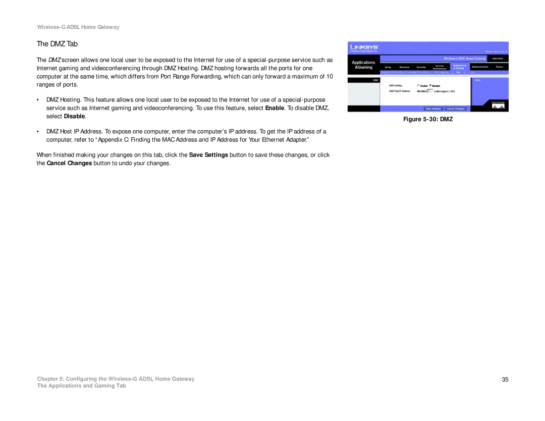 Linksys WAG354G(EU) manual DMZ Tab, 30 DMZ 