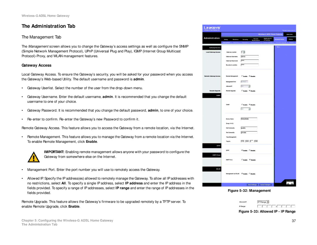 Linksys WAG354G(EU) manual Administration Tab, Management Tab, Gateway Access 