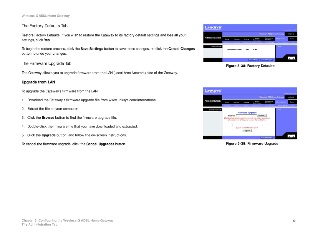 Linksys WAG354G(EU) manual Factory Defaults Tab, Firmware Upgrade Tab, Upgrade from LAN 