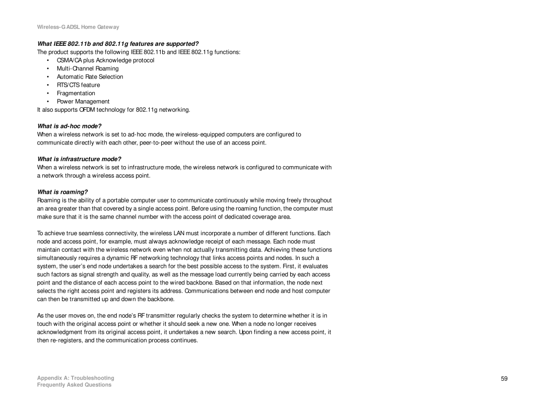 Linksys WAG354G(EU) manual What Ieee 802.11b and 802.11g features are supported?, What is ad-hoc mode?, What is roaming? 