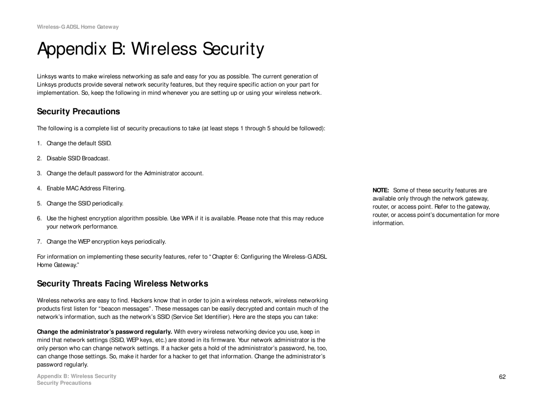 Linksys WAG354G(EU) manual Appendix B Wireless Security, Security Precautions, Security Threats Facing Wireless Networks 