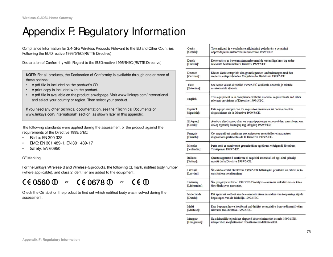 Linksys WAG354G(EU) manual Appendix F Regulatory Information, Radio EN 300 EMC EN 301 489-1, EN 301 Safety EN 