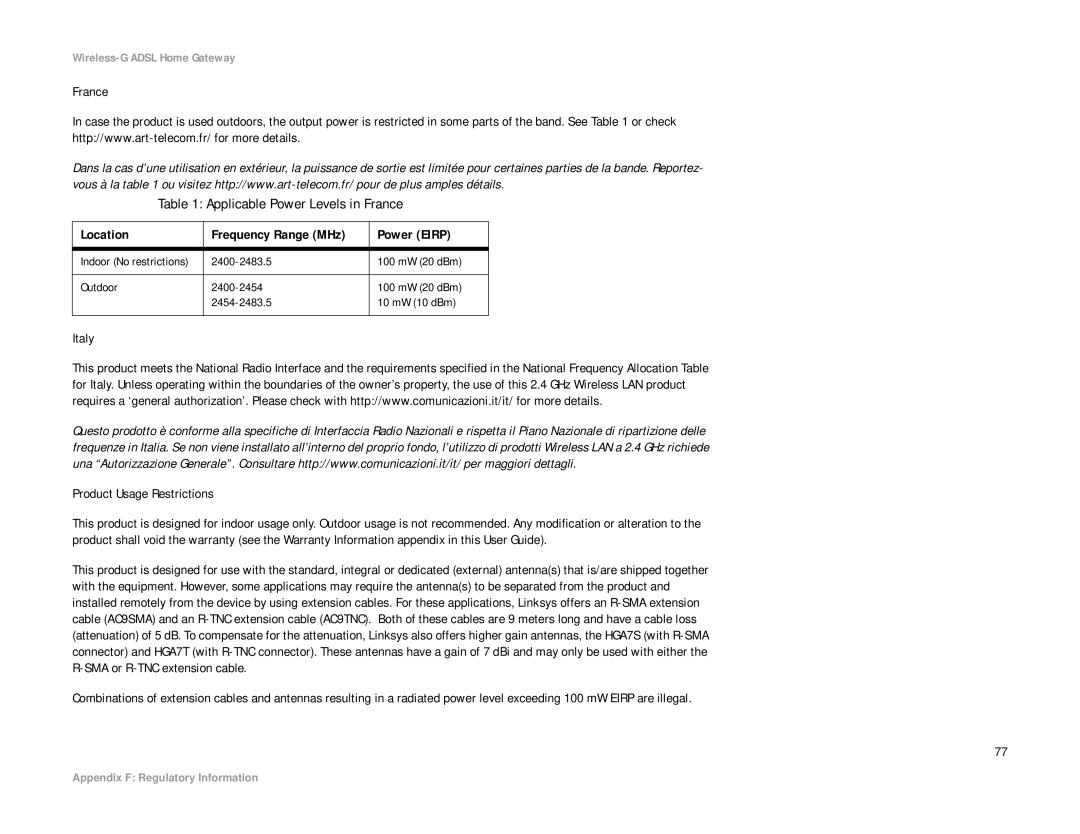 Linksys WAG354G(EU) manual Applicable Power Levels in France, Location Frequency Range MHz Power Eirp 