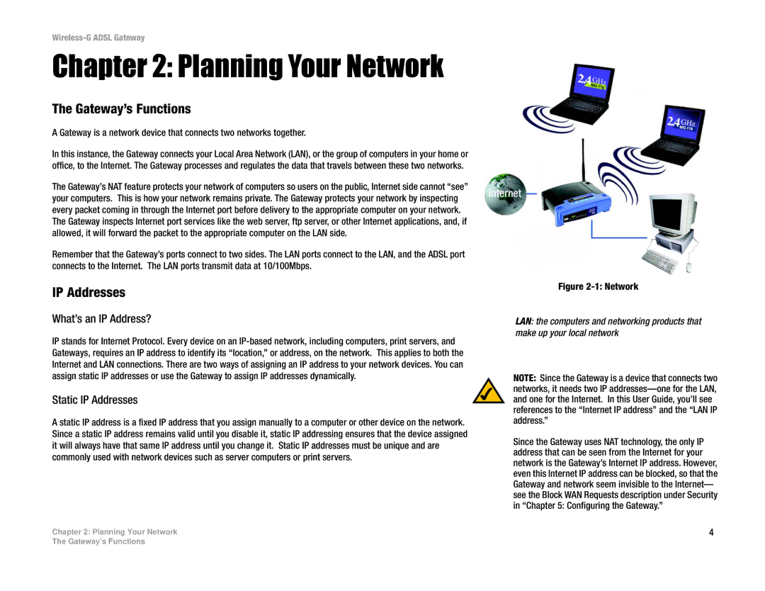 Linksys WAG54G manual Planning Your Network, Gateway’s Functions, What’s an IP Address?, Static IP Addresses 