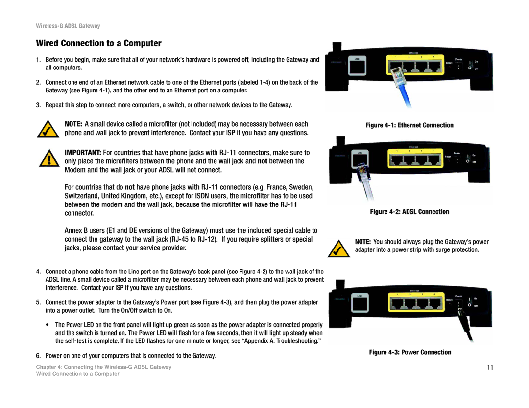 Linksys WAG54G manual Wired Connection to a Computer, Ethernet Connection 