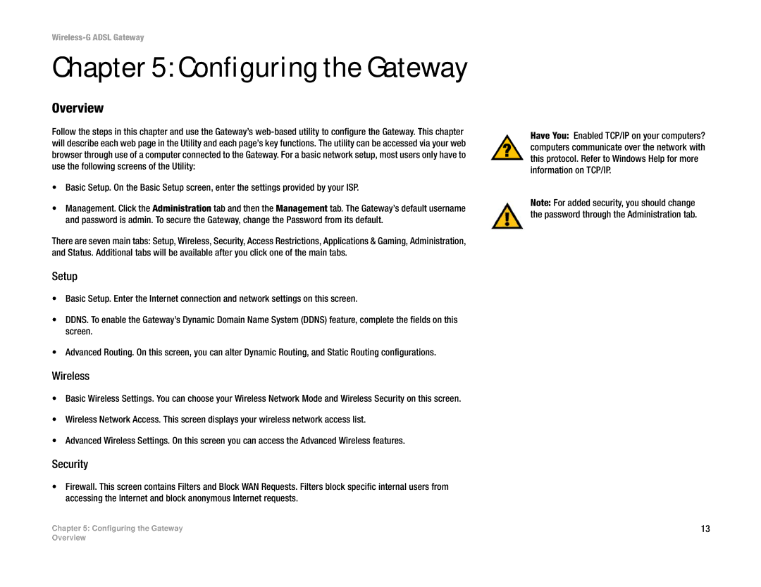 Linksys WAG54G manual Configuring the Gateway, Setup, Wireless, Security 